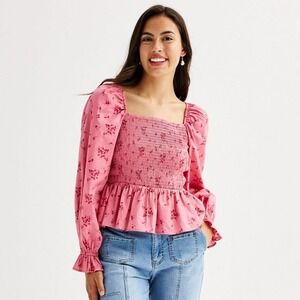 Dizzy Lizzy Blouse Womens Large Pink Smocked Square Neck Balloon Sleeve Peplum